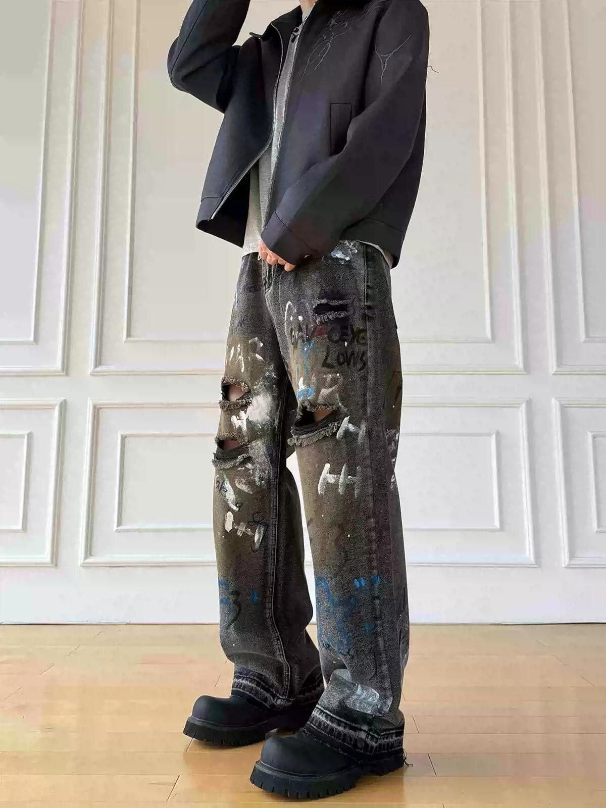 Jean Graffiti-Print Ripped Wide Leg Baggy Jeans Size US 30 / EU 46 - 3 Thumbnail