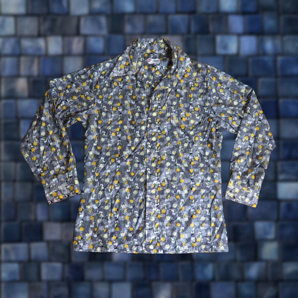 Vintage VTG 70s Saska Parrott Japan Nylon Floral Black Yellow Pocket Hippy Shirt L Size US L / EU 52-54 / 3 - 1 Thumbnail