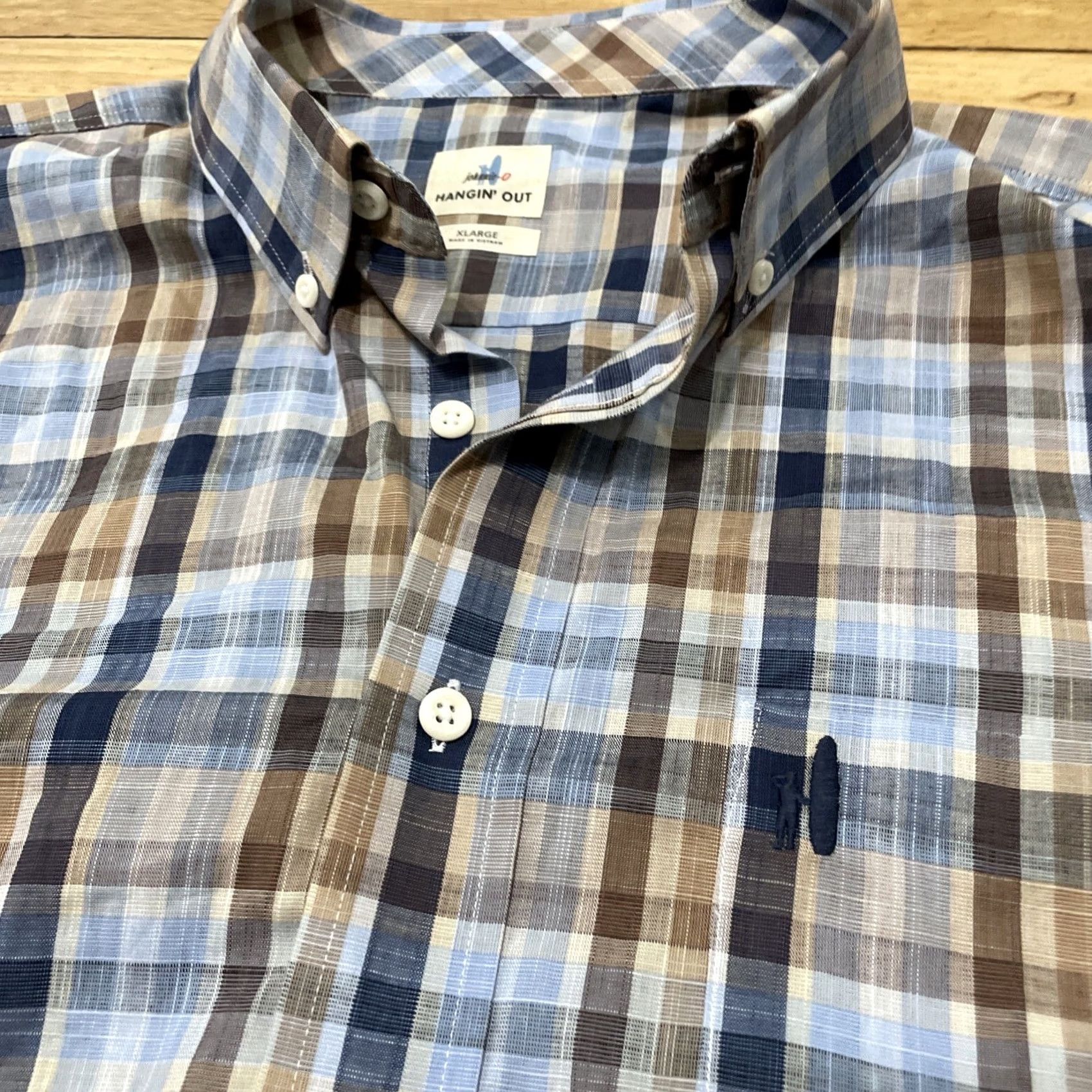 johnnie-O JOHNNIE-O Button Shirt Men XL Hangin' OUT Blue Brown Plaid Surfer Johnnie-O XL Shirt Size US XL / EU 56 / 4 - 5 Thumbnail