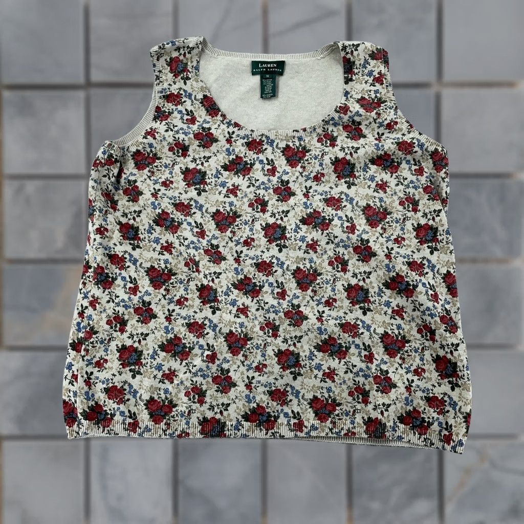 Ralph Lauren Lauren Ralph Lauren Sweater Tank Top Womens 1X Beige Floral Knit Scoop Neck Sleeveless Cotton Nylon Spandex Knit Vintage VINTAGE Shirts Womens Women Size XL / US 12-14 / IT 48-50 - 1 Thumbnail