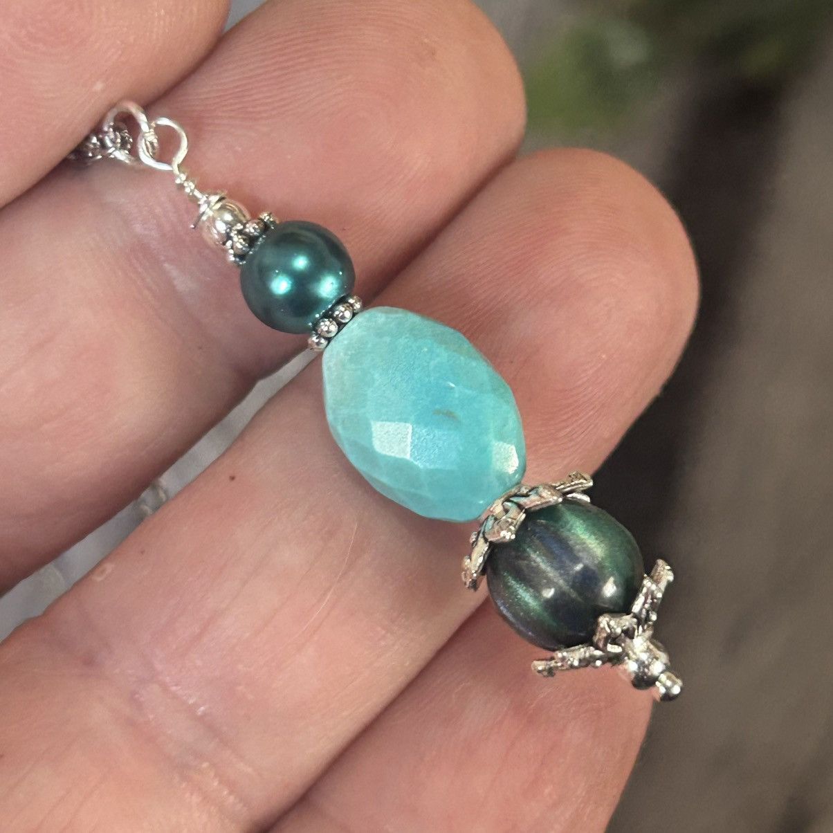 Handmade Handcrafted cat eye glass amazonite pearl beaded necklace Size ONE SIZE - 1 Thumbnail