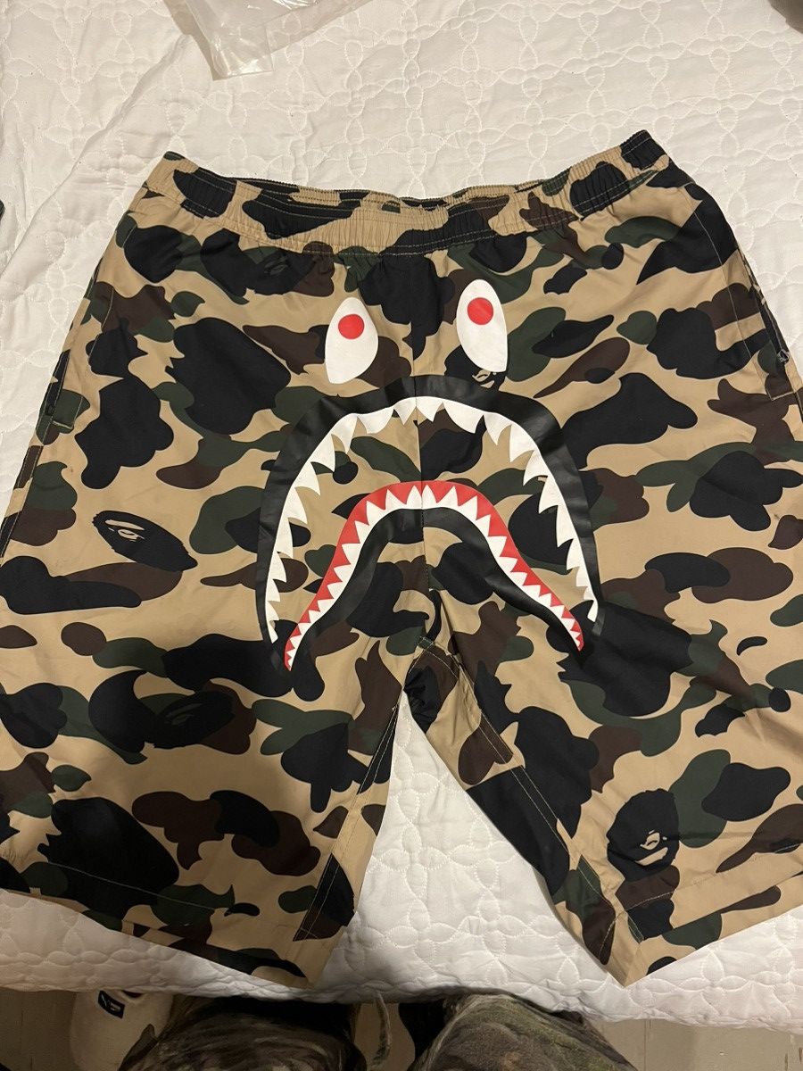 image of Bape 1St Camo Shark Beach Shorts in Yellow, Men's (Size 30)