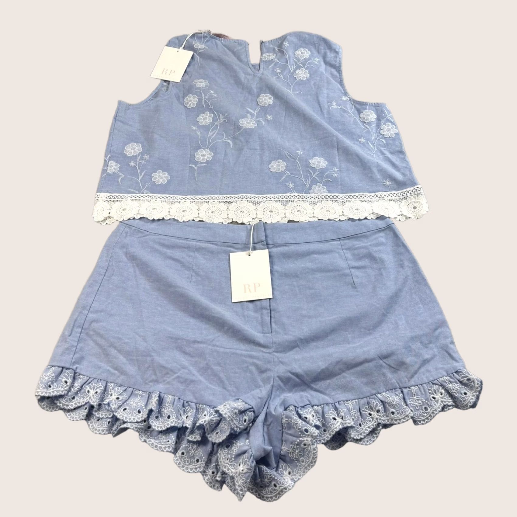 Vintage Rachel Parcell Tank Shorts Set Womens XL/14 Sky Blue Eyelet Cottage Coquette Outfit/Set Size 40" / US 18 - 1 Thumbnail