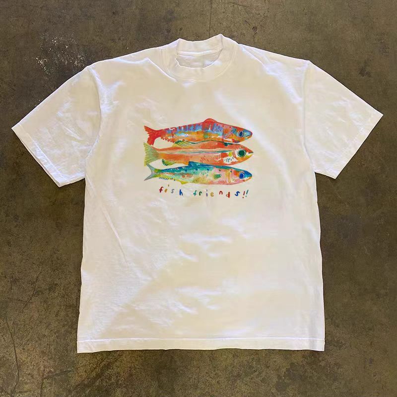Vintage White Vintage Fish-Print Cotton T-Shirt Size US M / EU 48-50 / 2 - 1 Thumbnail