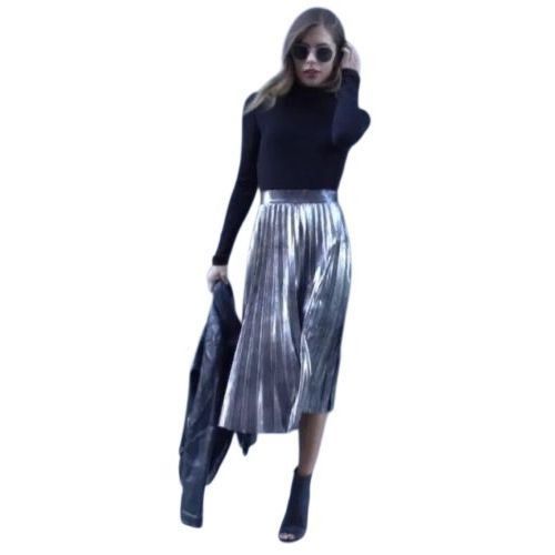 Zara Zara Woman Metallic Silver Accordion-Pleat Faux Suede Midi S Size 28" / US 6 / IT 42 - 4 Thumbnail