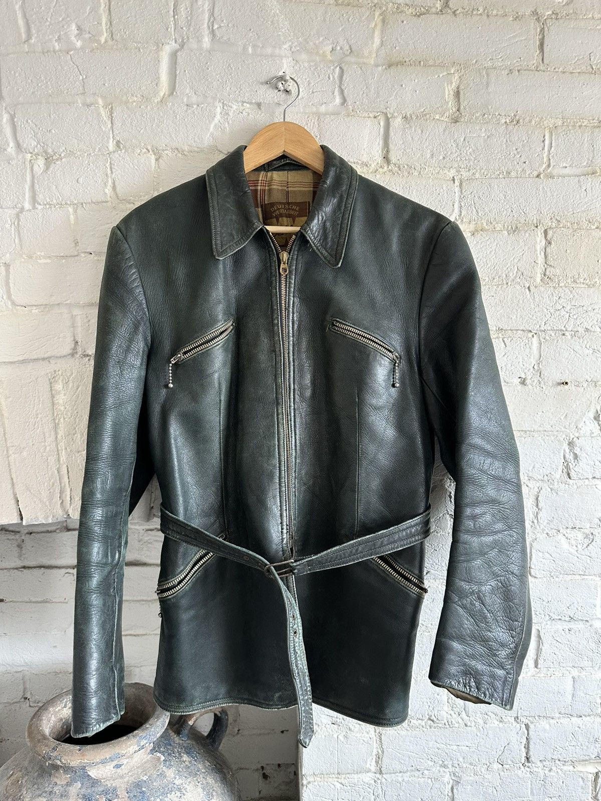 Vintage Vintage German Leather Jacket Biker Style Dark Green Size US L / EU 52-54 / 3 - 10 Thumbnail
