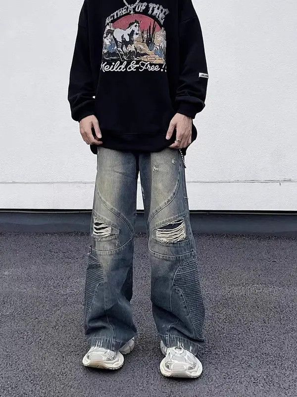 VIBE Retro high street ripped patchwork wide leg straight jeans Size US 30 / EU 46 - 4 Thumbnail