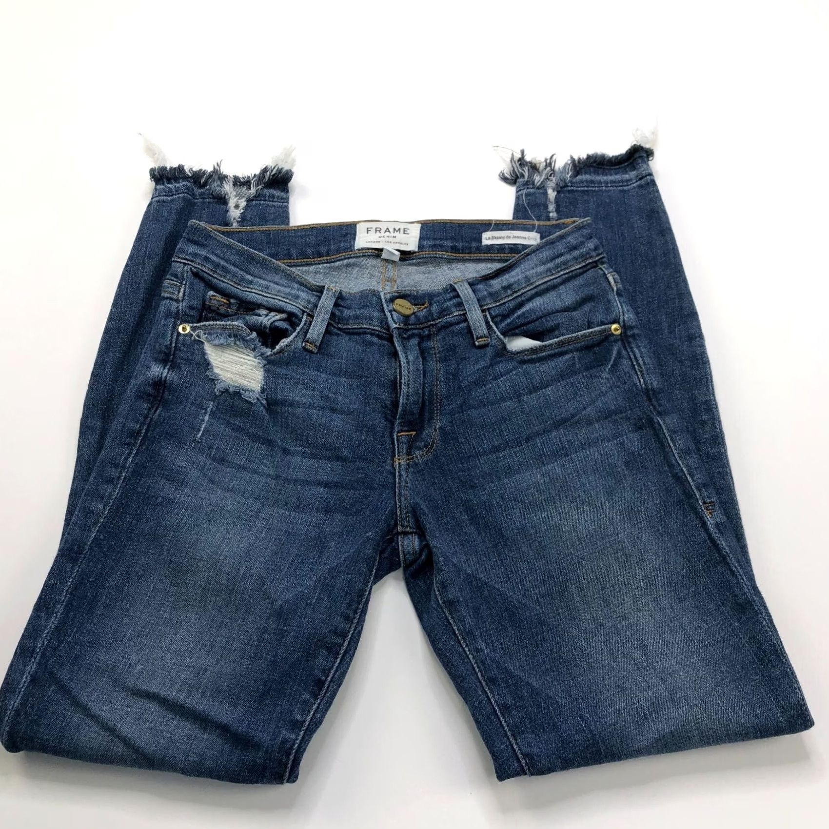 Frame FRAME Le Skinny De Jeanne Crop Jeans 24 Low Rise Raw Hem Cut Off Denim Womens Slim Fit 26 Inseam 25W 26L 5-Pocket Union Blue Jeans Size 42" / US 20 - 2 Thumbnail