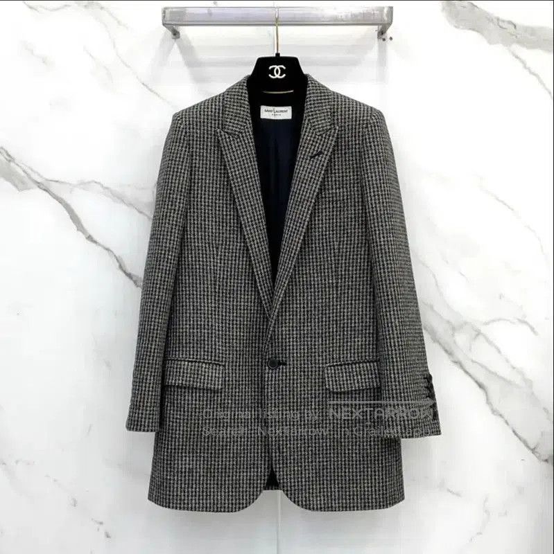 Yves Saint Laurent YSL Black Wool Checkered Women's Jacket . Size S / US 4 / IT 40 - 1 Thumbnail