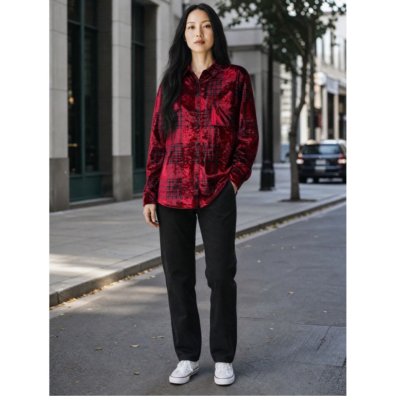 Other New Belle By Kim Gravel Crushed Velvet Red Plaid Button Dow Size L / US 10 / IT 46 - 1 Thumbnail