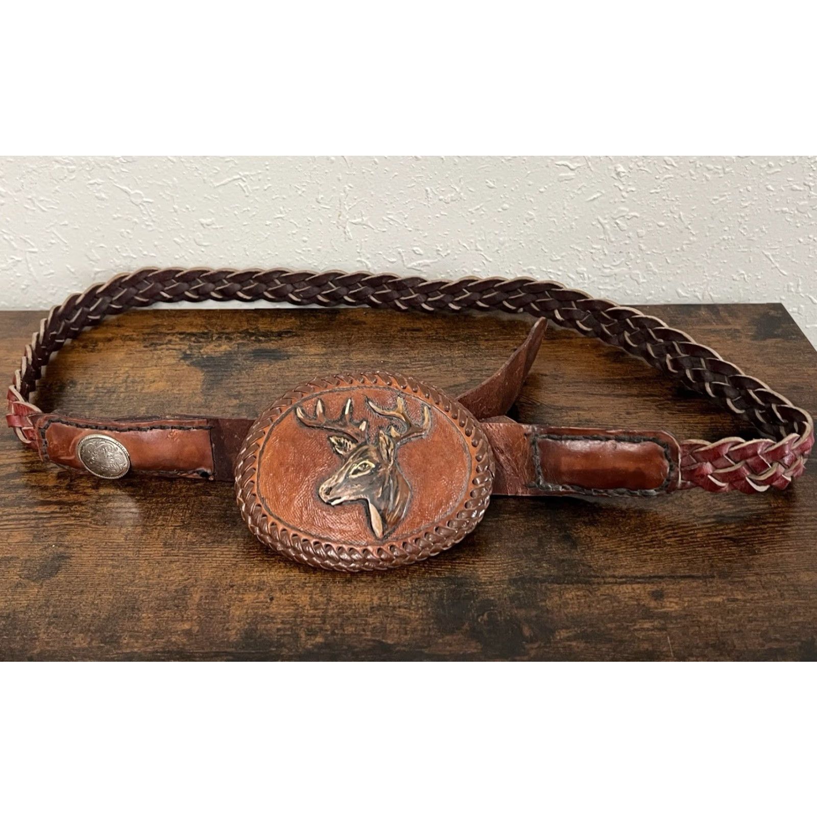 Vintage VINTAGE Leather Deer Belt Buckle Braided Unbranded Belt 43.75 inches Animal Mens Size ONE SIZE - 2 Thumbnail