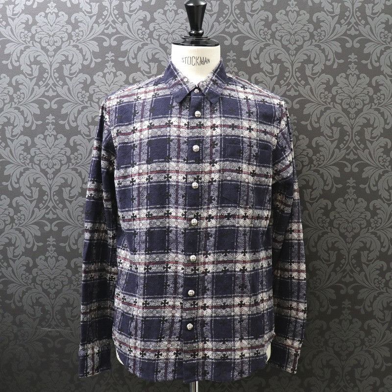 image of Chrome Hearts Loose Ends Cross Plaid Shirt in Navy, Men's (Size Medium)