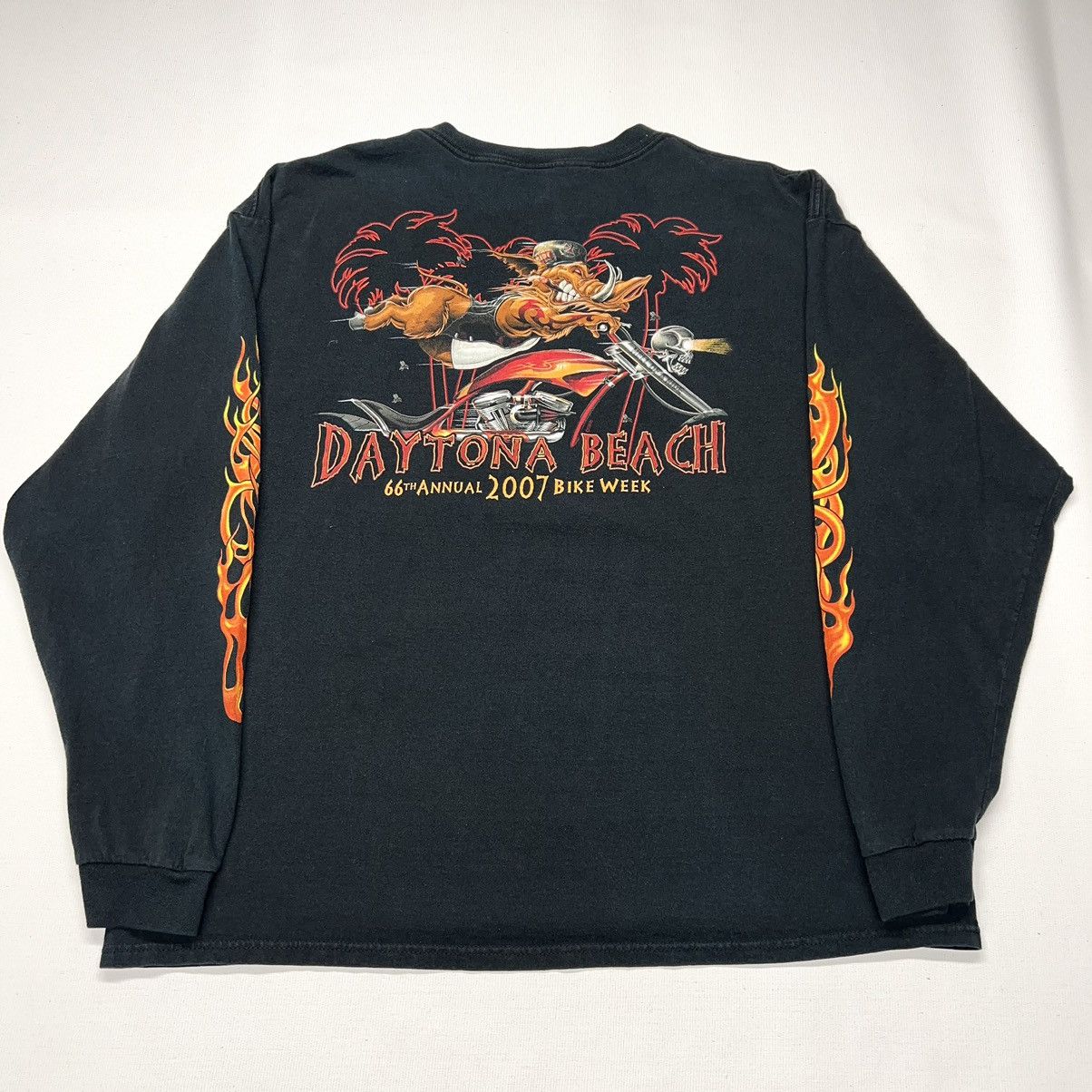 Delta × Vintage Daytona Beach Bike Tee Shirt Black Long Sleeve Biker Flames Size US XXL / EU 58 / 5 - 1 Thumbnail