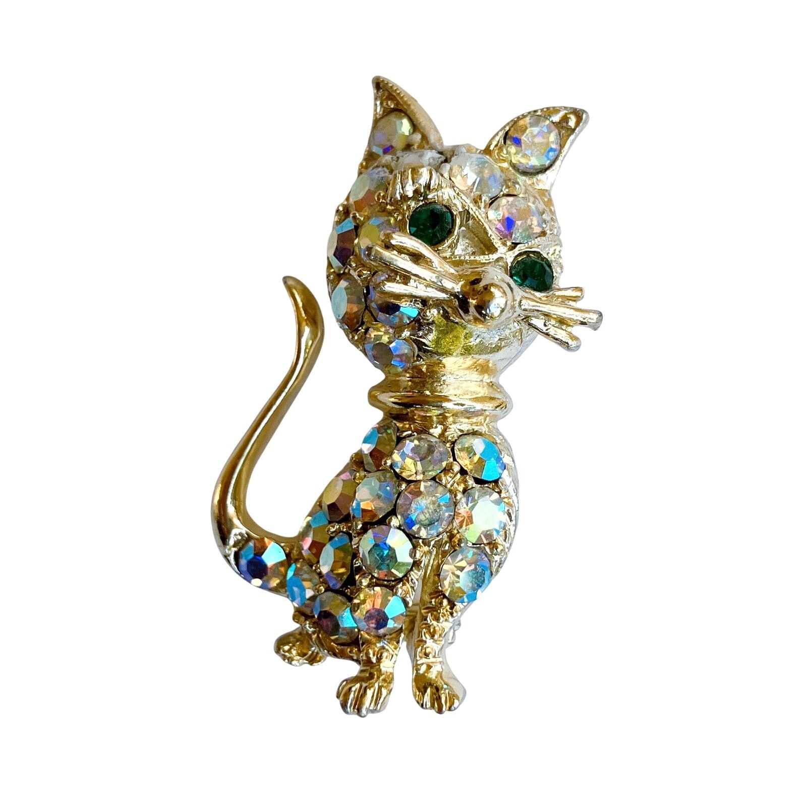 Vintage Vintage Mid Century Cat Brooch AB Rhinestones Kitschy Size ONE SIZE - 6 Thumbnail