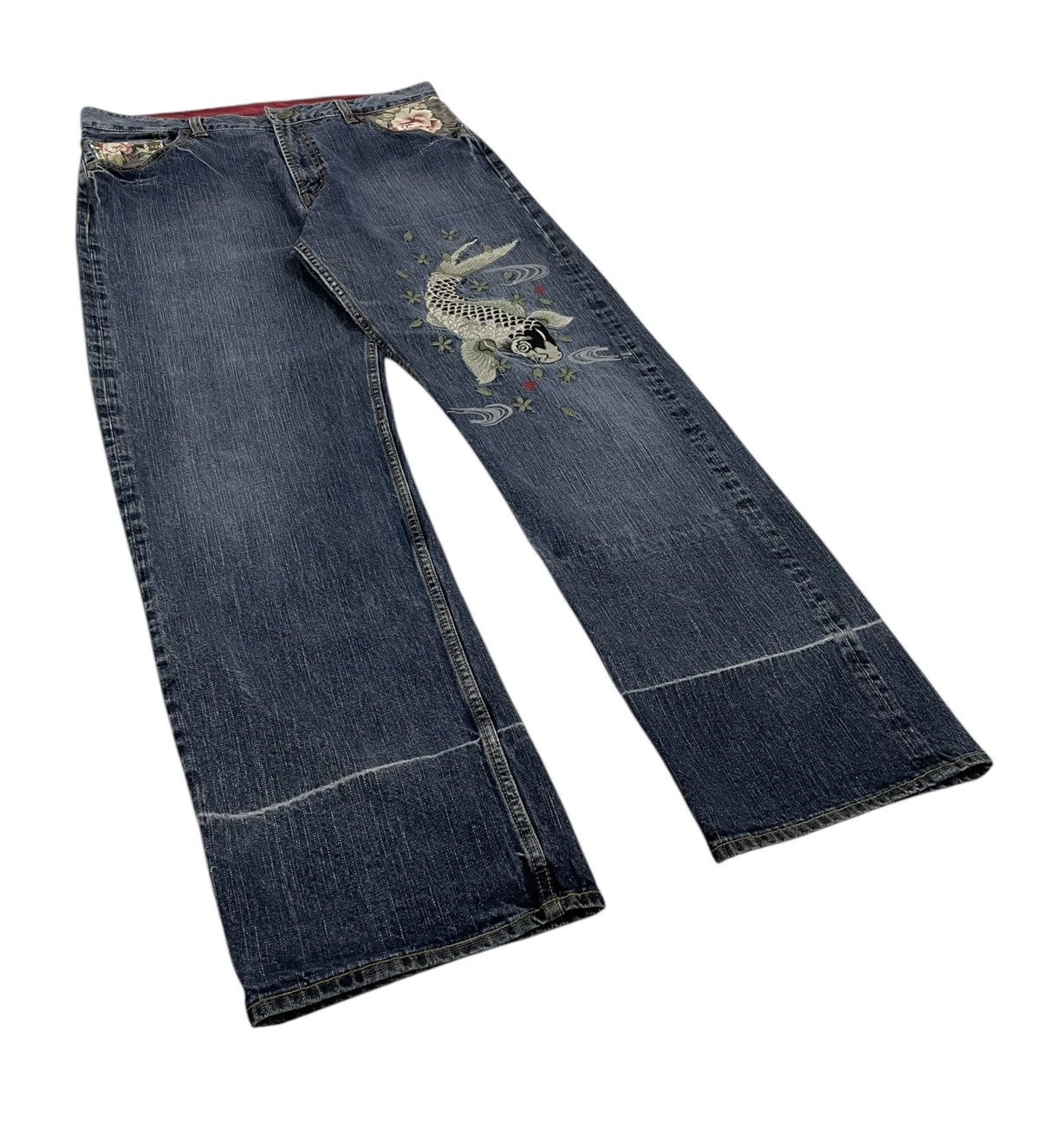 Karakuri Tamashii Vintage Japanese Koi Jeans Embroidery Logo Karakuri Style Size US 35 - 3 Thumbnail