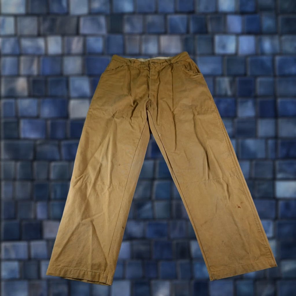 Sears VINTAGE Sears Pants Mens 29x27 Beige Canvas Khaki Workwear Pleated Straight Leg Pants Mens Beige Canvas Workwear Slaw Pocket 27 Inseam Size US 29 - 1 Thumbnail