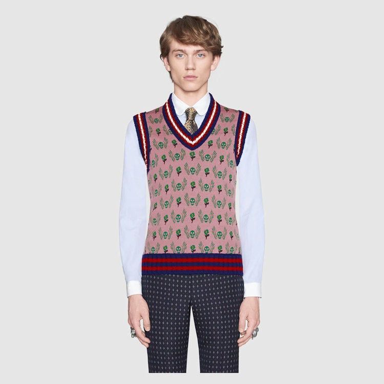 Gucci GUCCI SKULL AND FLOWER JACQUARD WOOL WAISTCOAT Size US L / EU 52-54 / 3 - 4 Thumbnail