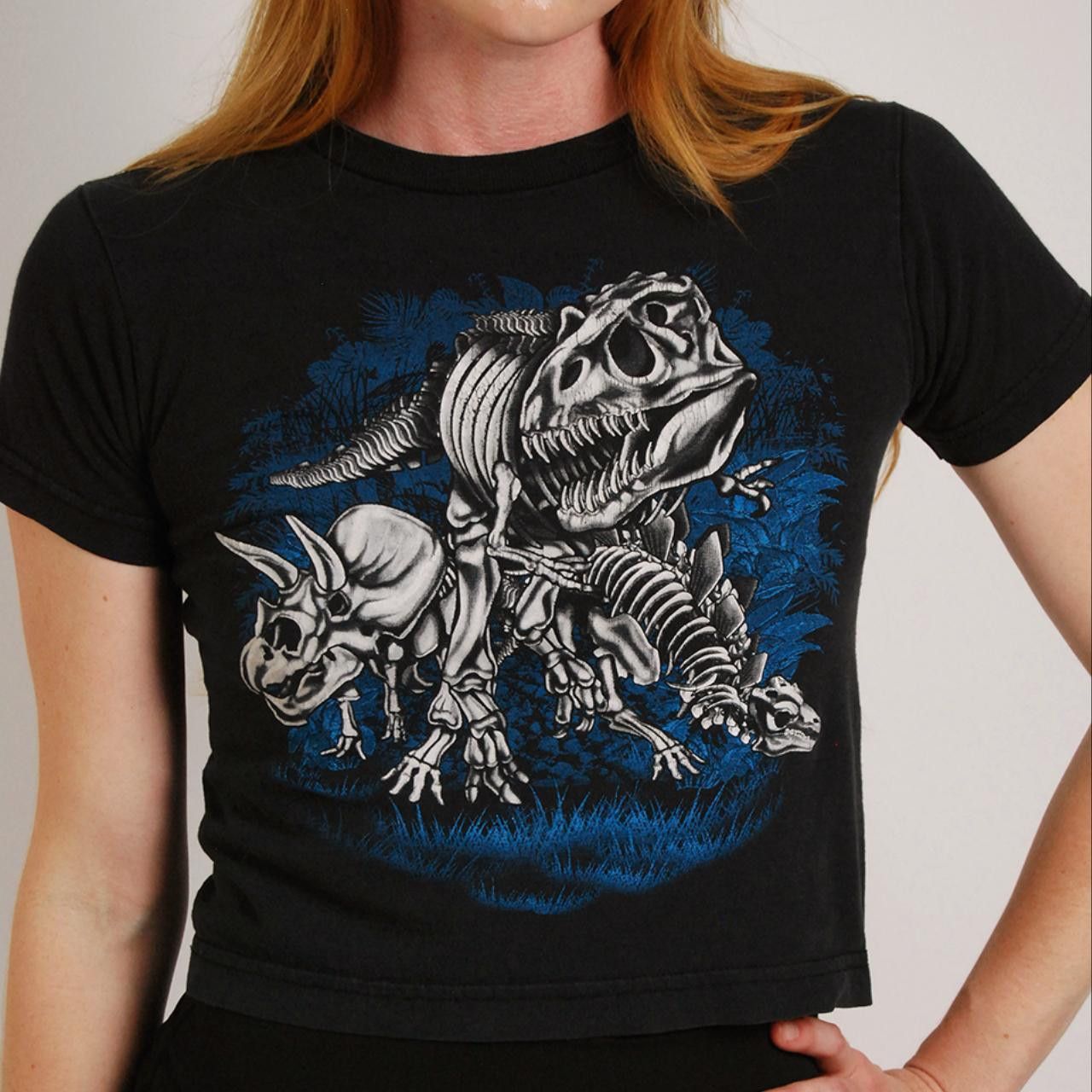 Vintage Dino Skeleton Baby Tee (XS) vintage y2k blue dinosaur top Size XS / US 0-2 / IT 36-38 - 6 Thumbnail