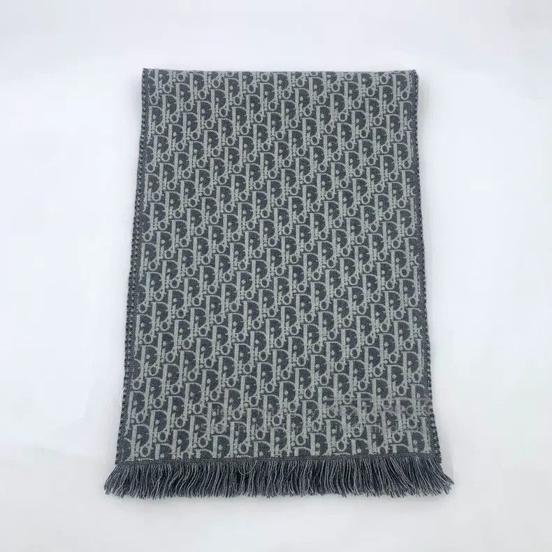 Dior Dior Gray logo jacquard full print sheep wool tassel scarf Size ONE SIZE - 1 Thumbnail