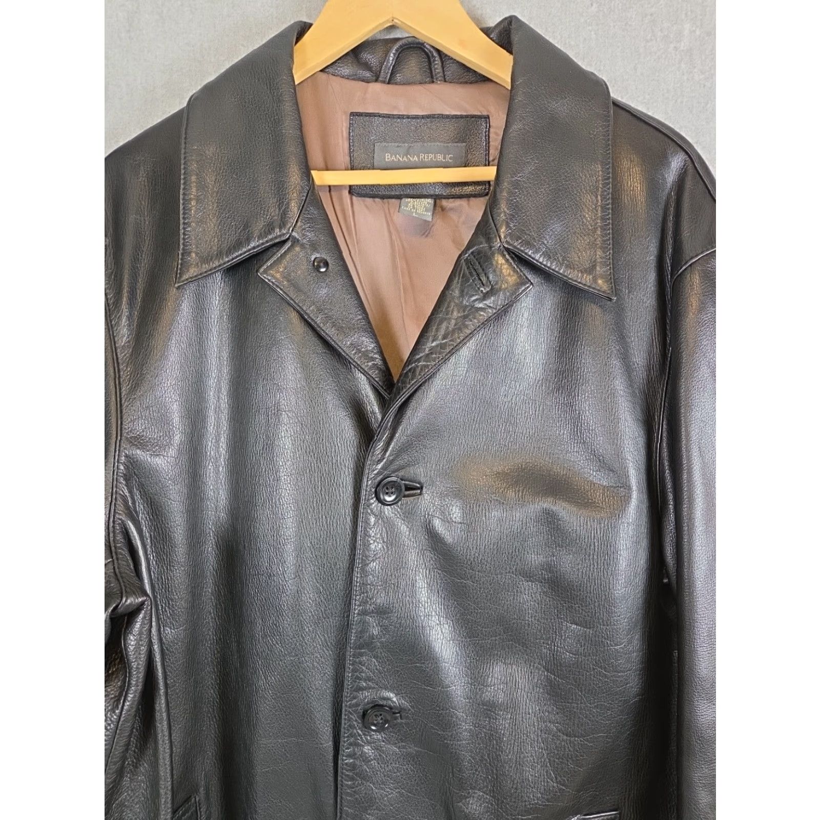 VINTAGE Banana Republic Leather Jacket Mens L Black Lined 3 Button