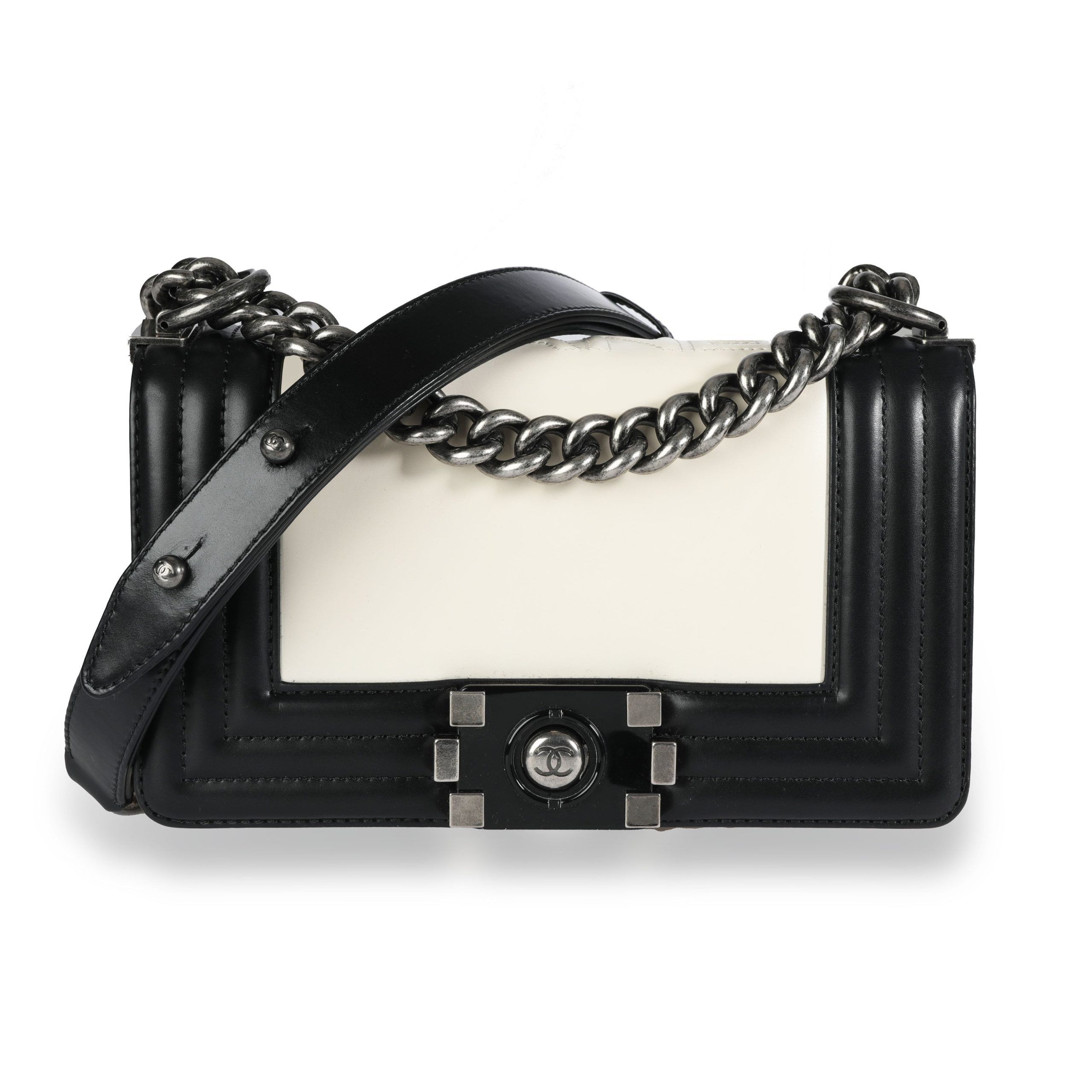 image of Chanel Black & Cream Calfskin Leather Small Boy Bag, Women's