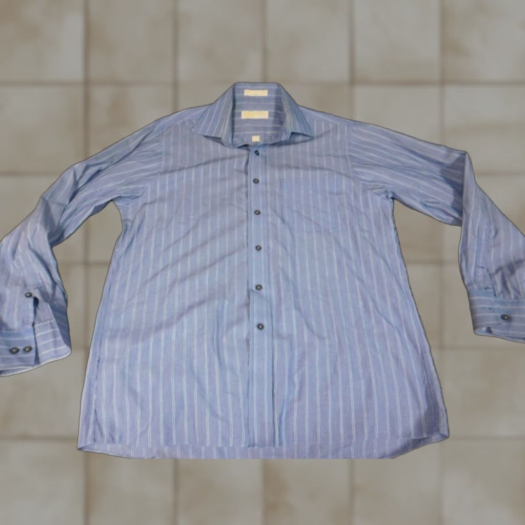 Michael Kors Michael Kors Mens Shirt Medium Blue Striped Button-Down Knit Cotton Polyester Button Up Long Sleeve Collared Size US M / EU 48-50 / 2 - 1 Thumbnail