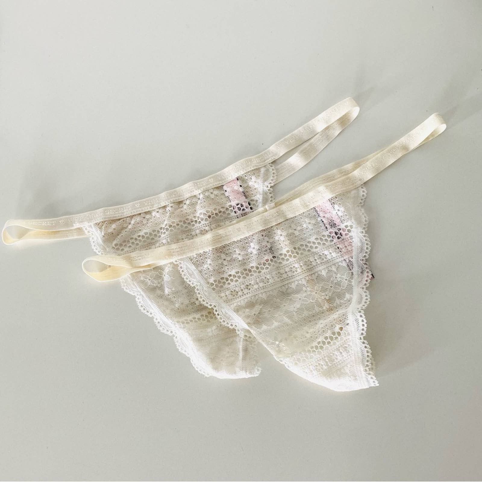 Victoria's Secret NEW Bundle TWO Lace Sheer Cream White Thong Panties