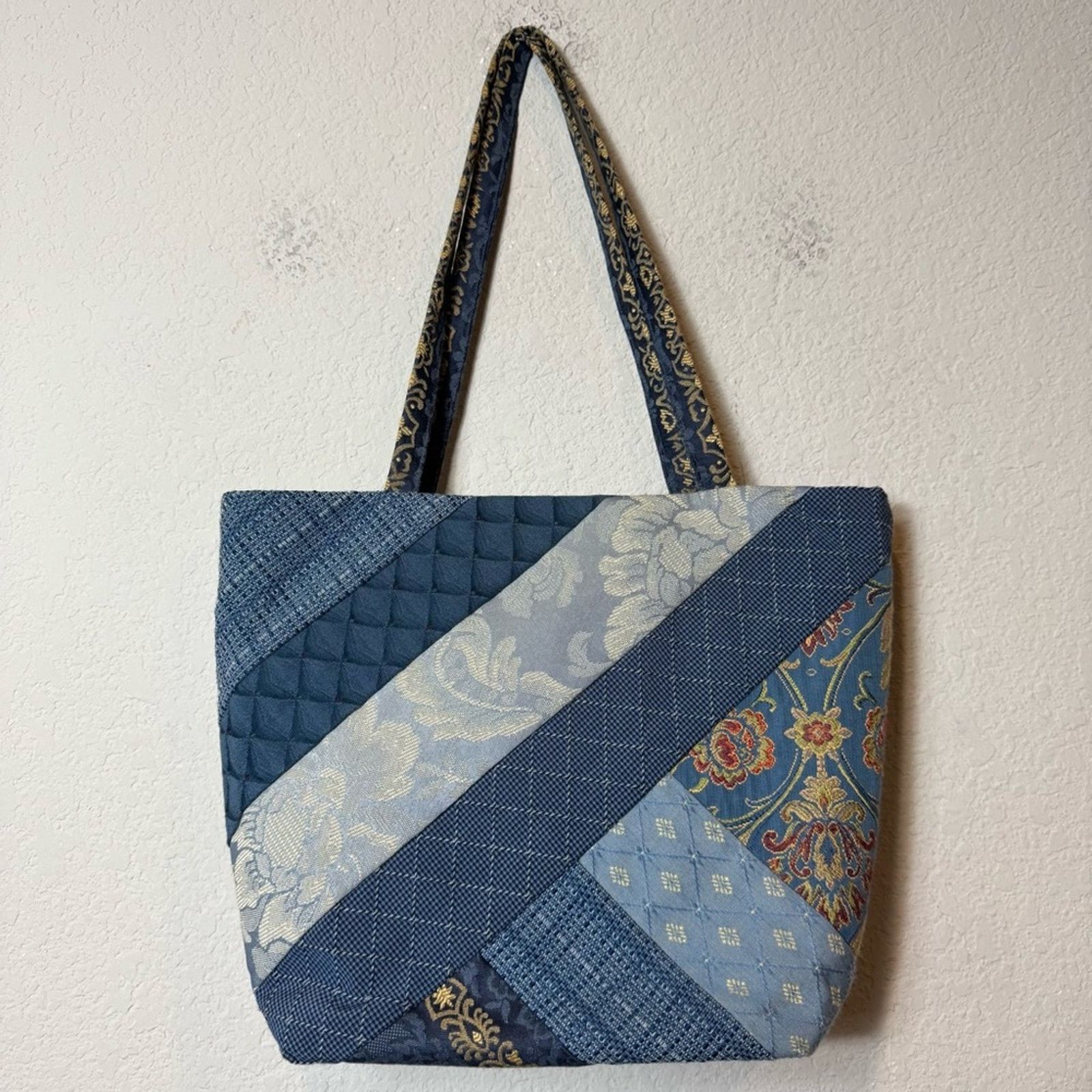 Handmade Handcrafted Blue Quilted Tote Purse Patchwork Footed Pockets Size ONE SIZE - 1 Thumbnail