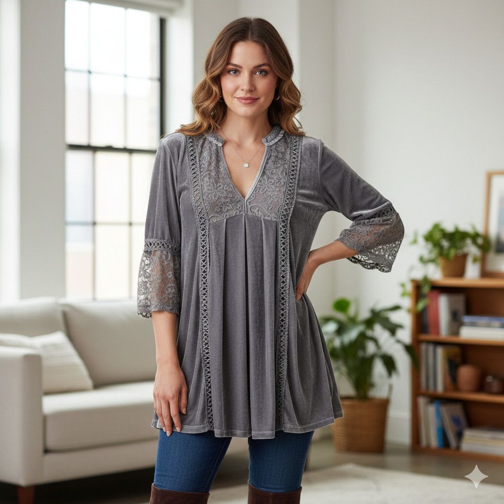 Other POL Size S Tunic Top Velvet Lace V-Neck 3/4 Bell Sleeve Grey Size S / US 4 / IT 40 - 4 Thumbnail