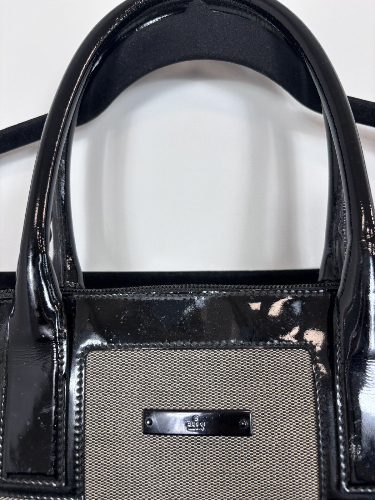 Gucci Gucci Canvas Patent Leather Gray Black Shoulder Handle Bag Size ONE SIZE - 8 Thumbnail