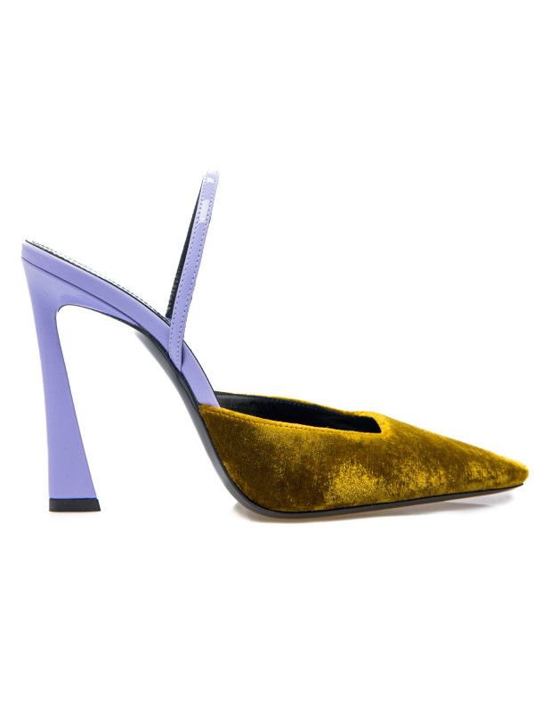 image of Saint Laurent Paris Blade Slingback Pumps In Silk Velvet And Patent Leather In Dark Gold/lilla Shoe