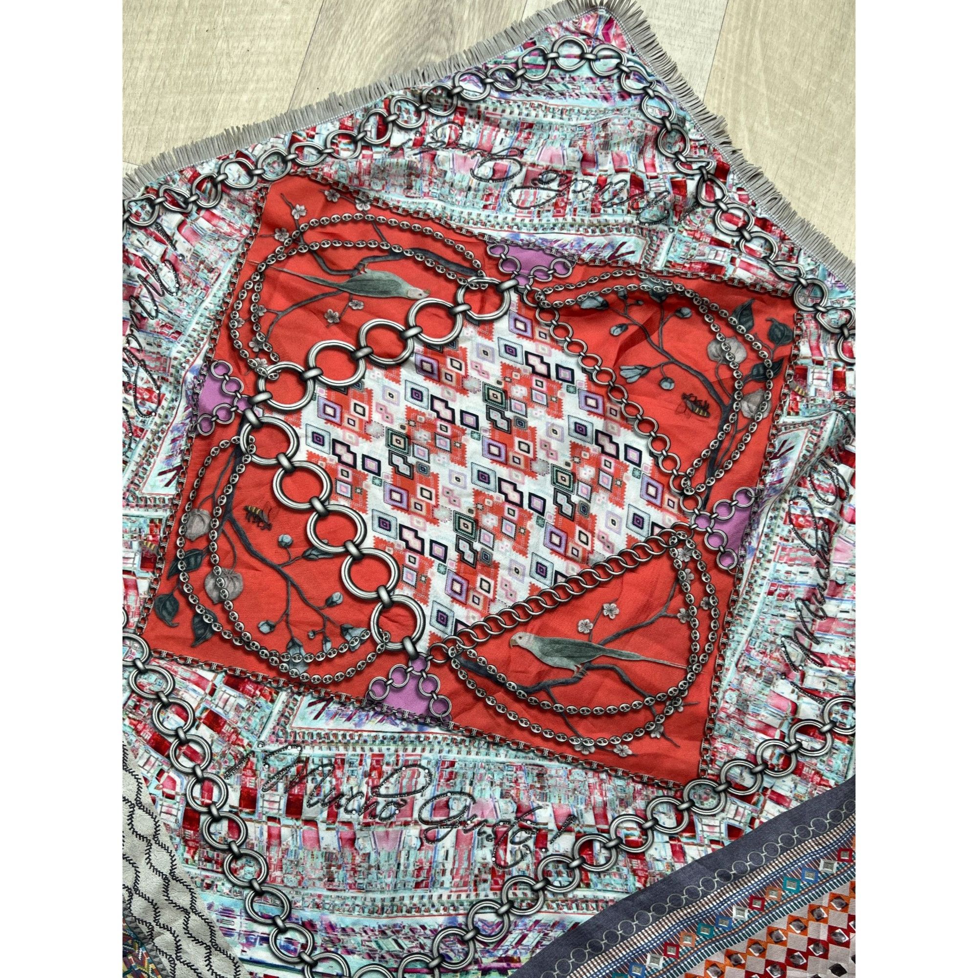 Designer Mucho Gusto! Abstract Pattern Silk Fringed Scarf (Y0149) Size ONE SIZE - 4 Thumbnail