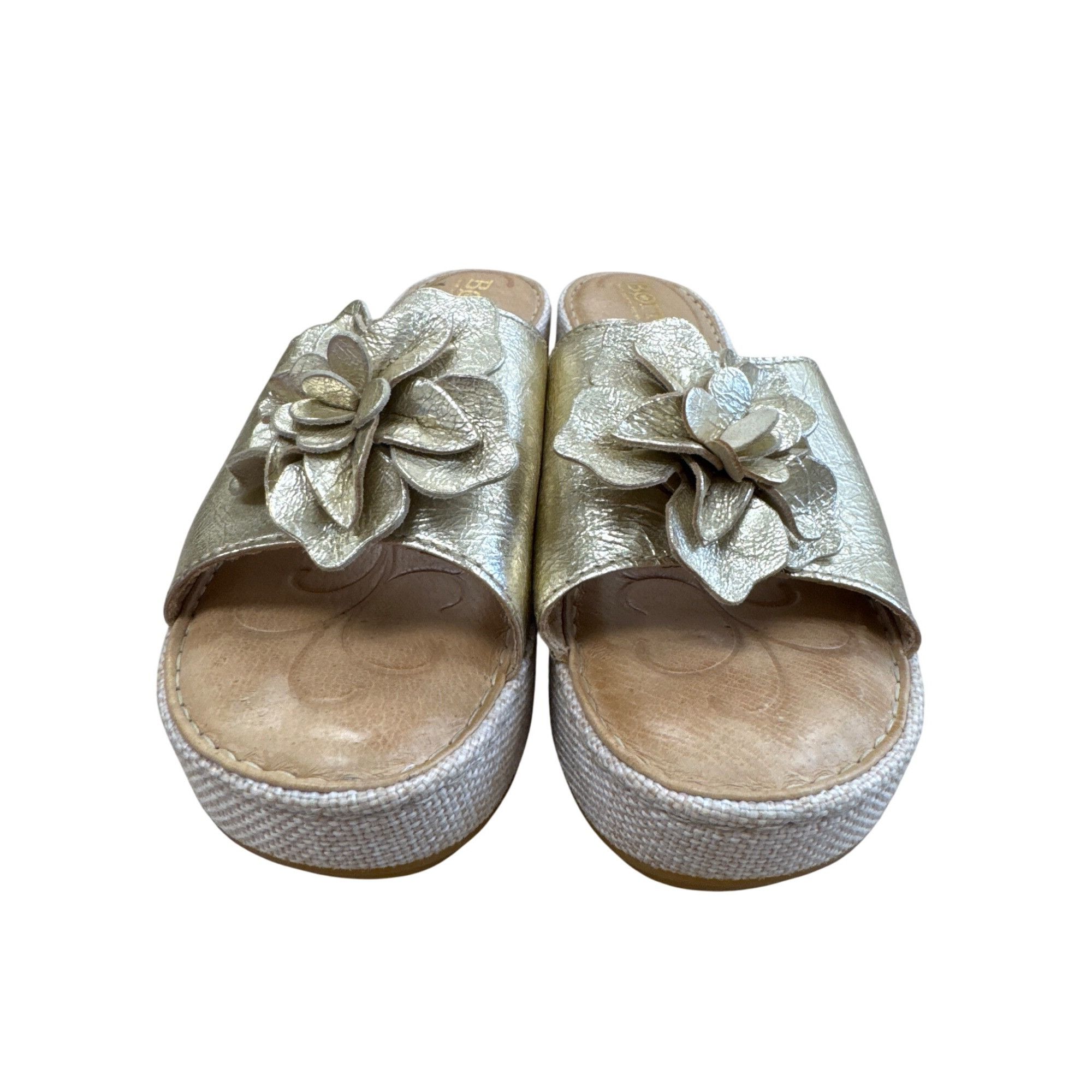 Born Born Womens Metallic Gold Floral Leather Wedge Sandals Size Size US 6 / IT 36 - 6 Thumbnail