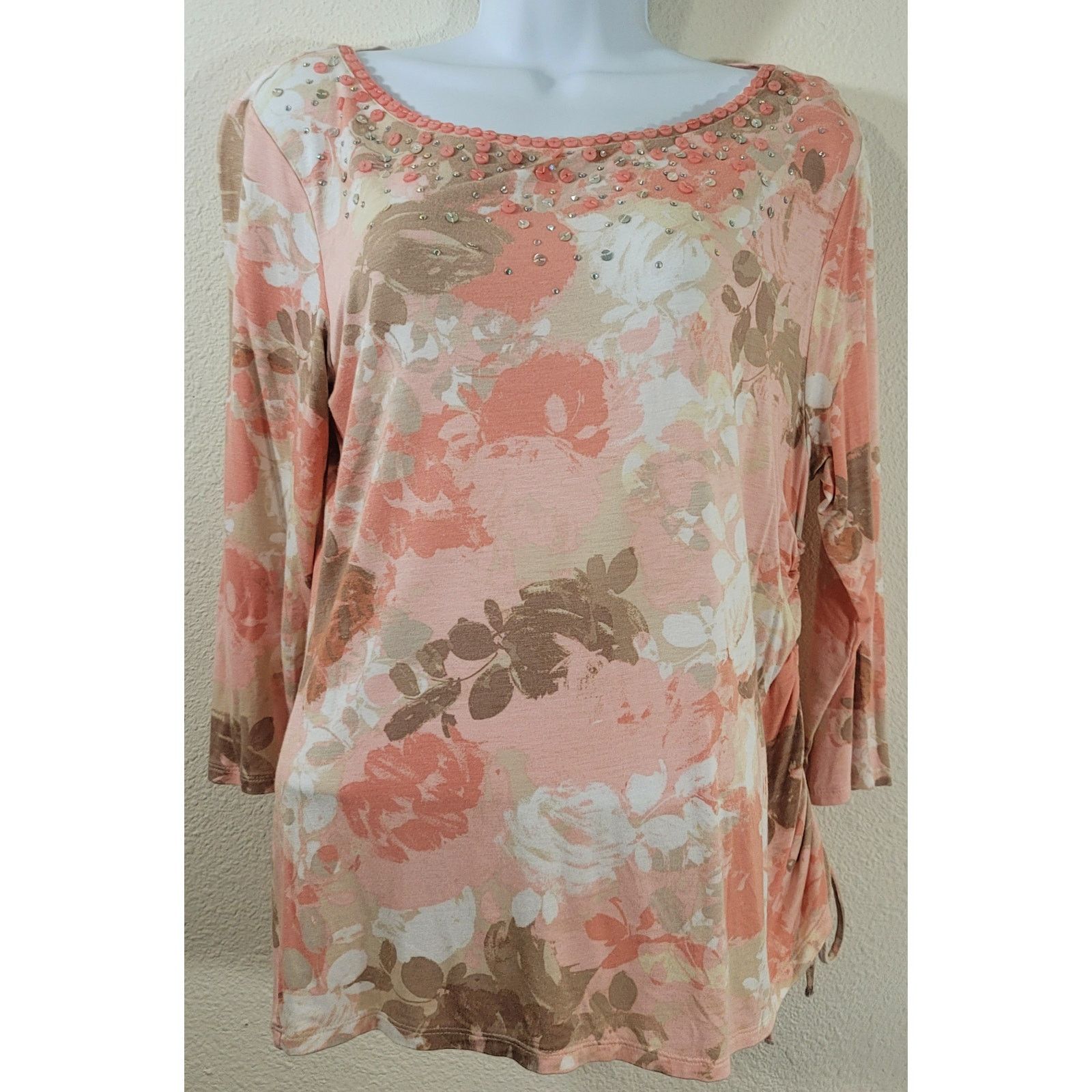 Other Ruby Rd Pink Salmon Floral Print Beaded Sequin Bodice Medium Size M / US 6-8 / IT 42-44 - 1 Thumbnail