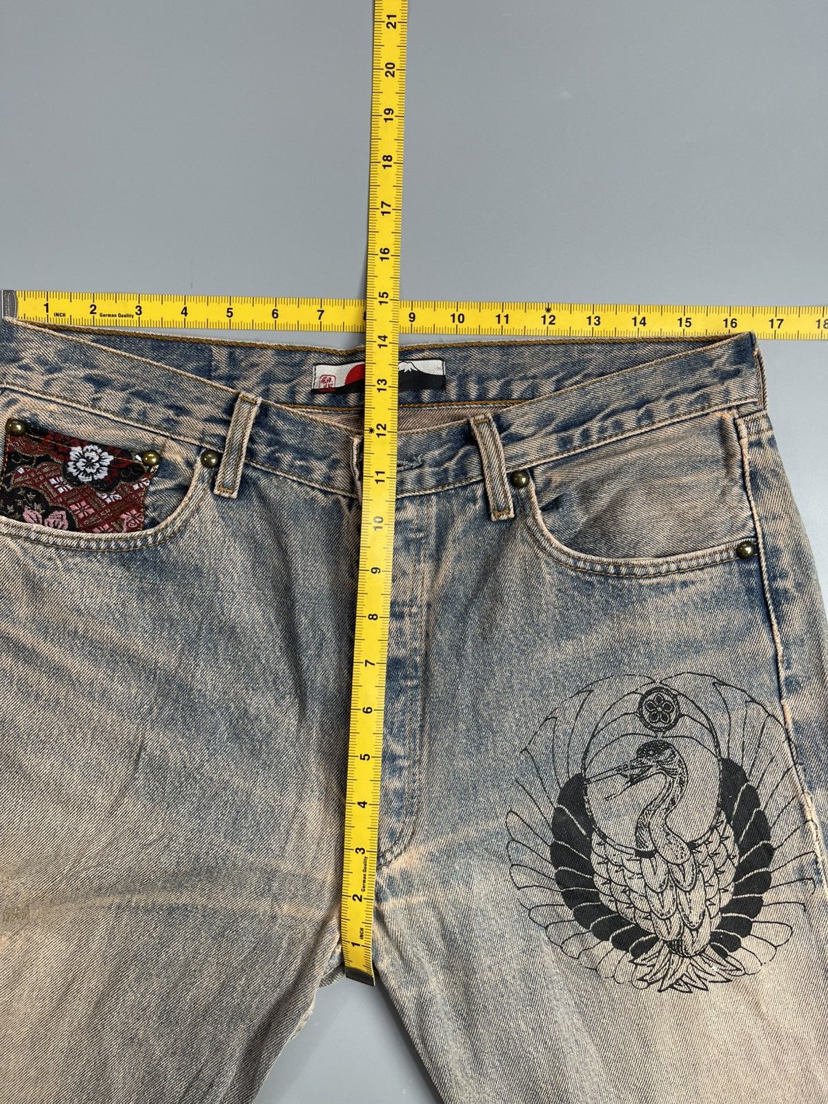 Karakuri Tamashii Distressed navy blue jeans with unique embroidery Size US 33 - 5 Thumbnail