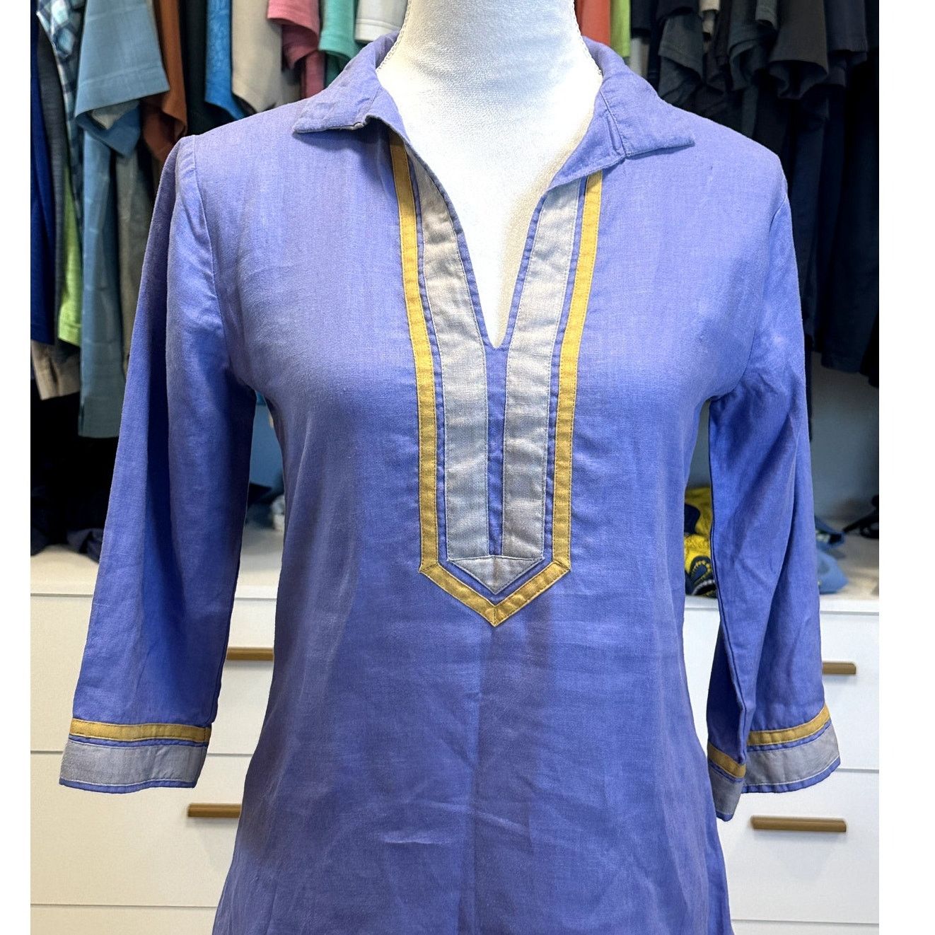 Guru Guru Purple 100% Linen V Neck 3/4 Sleeve Kurta Caftan XS Size XS / US 0-2 / IT 36-38 - 2 Thumbnail