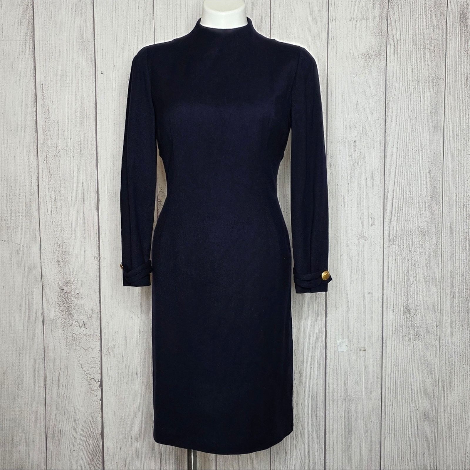 Vintage VTG 1960s Anne Fogarty Navy Wool Dress Gold Crest Buttons Size S / US 4 / IT 40 - 2 Thumbnail