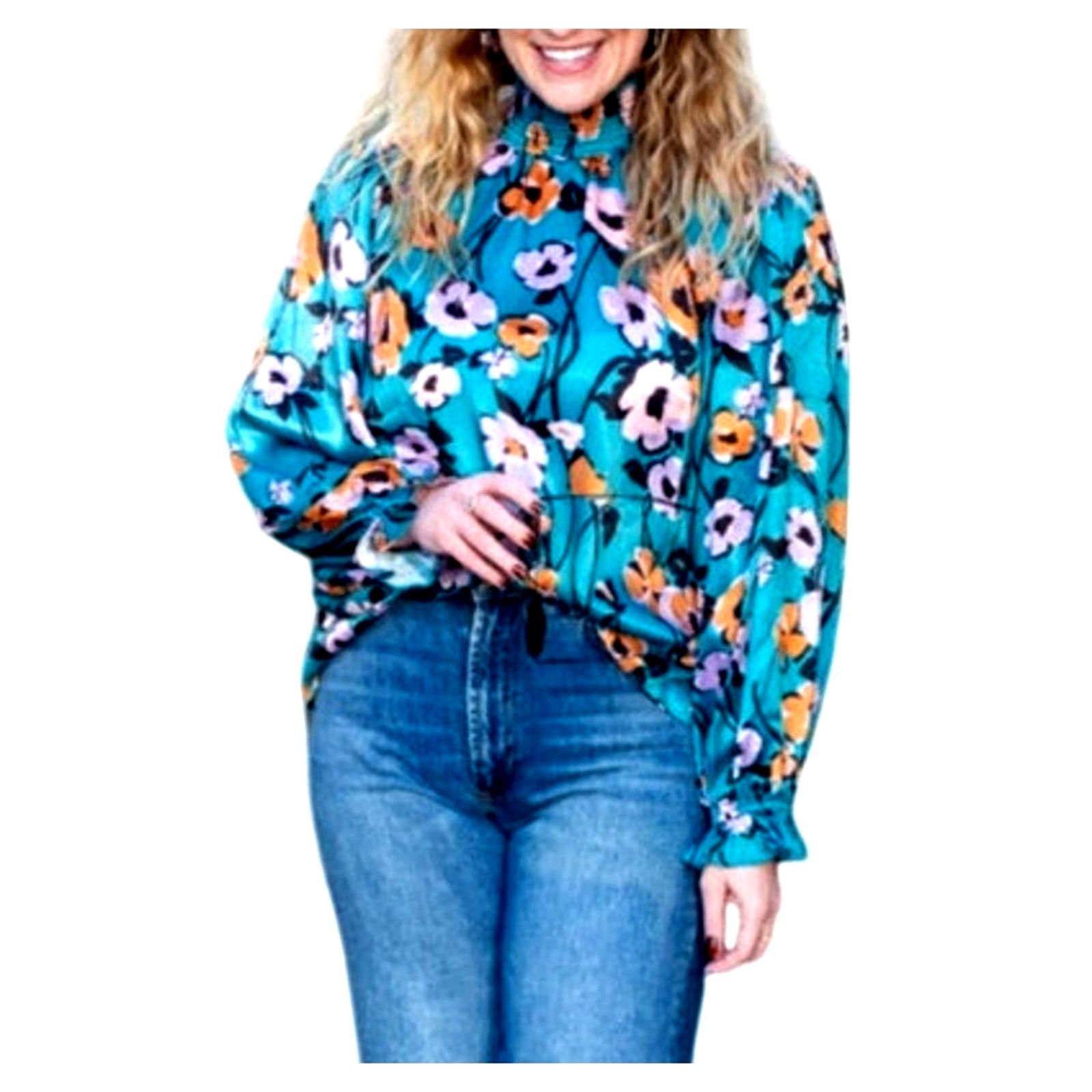 Other Blue Multicolor Floral Long Peplum Sleeve Turtleneck Blouse Size S / US 4 / IT 40 - 2 Thumbnail