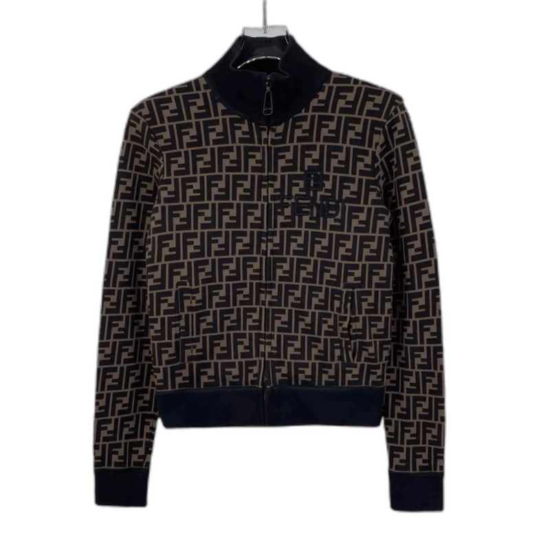 Fendi Brown Logo Print Zipper Jacket