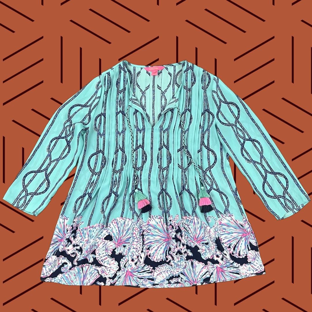 Lilly Pulitzer Lilly Pulitzer Blouse Womens XS Marlina Tunic Top Tassels Light Aqua A Frayed Size XS / US 0-2 / IT 36-38 - 1 Thumbnail