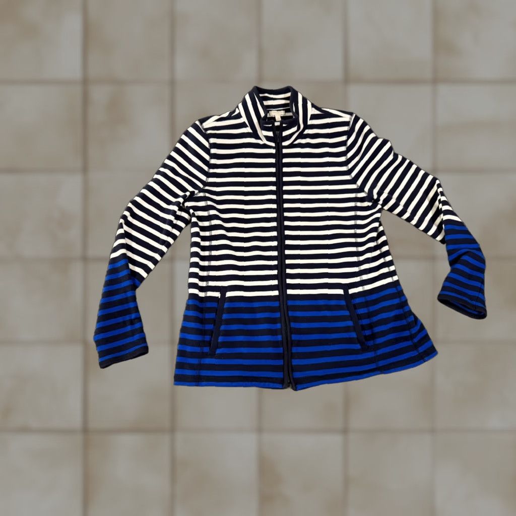 Talbots Talbots Jacket Womens M Blue White Zip Striped Casual Lightweight Stretch Knit Cotton Blend Machine Washable Regular Size M / US 6-8 / IT 42-44 - 1 Thumbnail