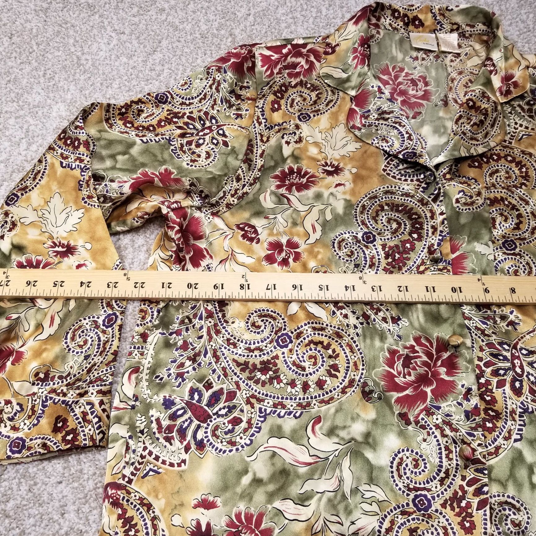 Vintage Sofia By Delicates Short Robe Pajama Top Women M Satin Polyester Paisley Floral Crew Neck Long Sleeve Red Gold Green 90s? Size M / US 6-8 / IT 42-44 - 6 Thumbnail