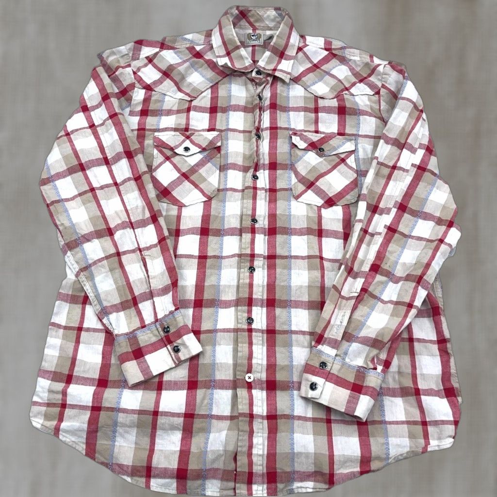 YOKE Cinch Shirt Men Large Red Tan Pearl Snap Plaid Western Cowboy Rodeo Yoke Pockets Size US L / EU 52-54 / 3 - 1 Thumbnail
