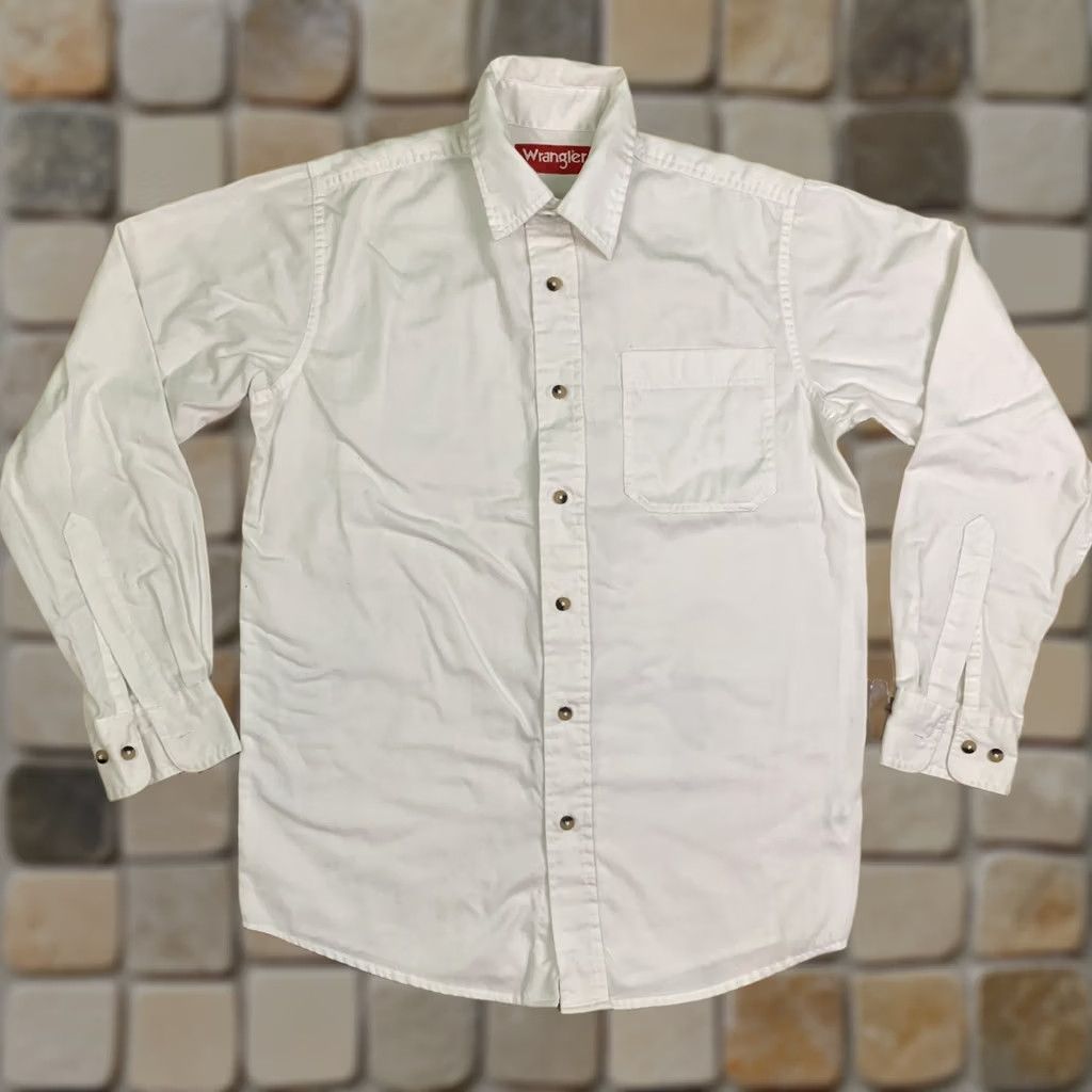 Wrangler Mens Small White Button-Up Long Sleeve Shirt Classic Casual Button-Front Solid Cotton, Men's
