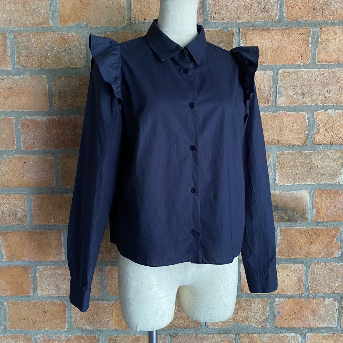 Opening Ceremony OPENING CEREMONY Navy Ruffle Shoulder Button-Up Blouse Size S / US 4 / IT 40 - 1 Thumbnail