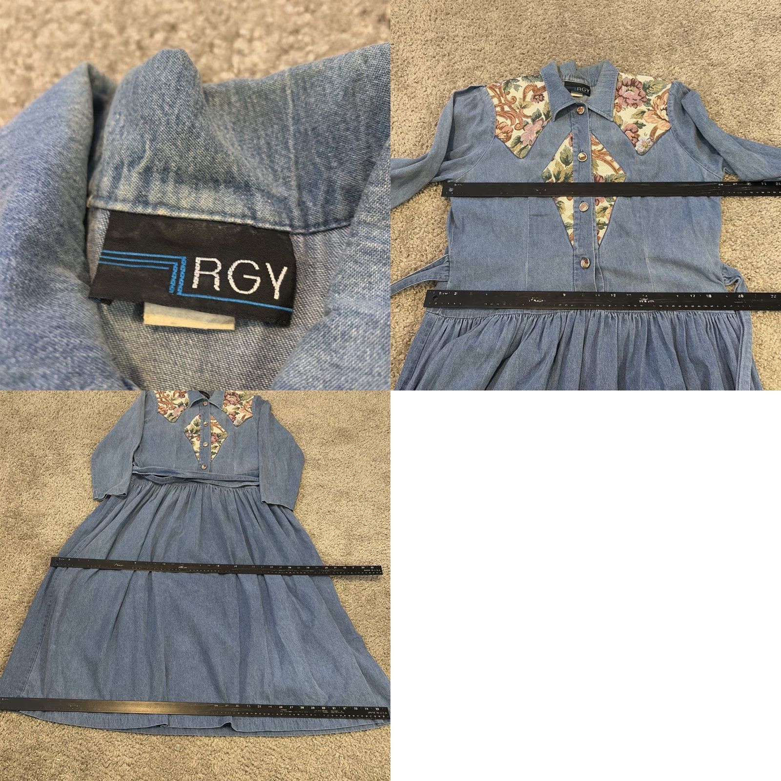 Denime VINTAGE RGY Denim Shirt Dress Long Sleeve Floral Panels Blue 10 Buttons Womens Regular Long Shirt Dress Size L / US 10 / IT 46 - 8 Thumbnail