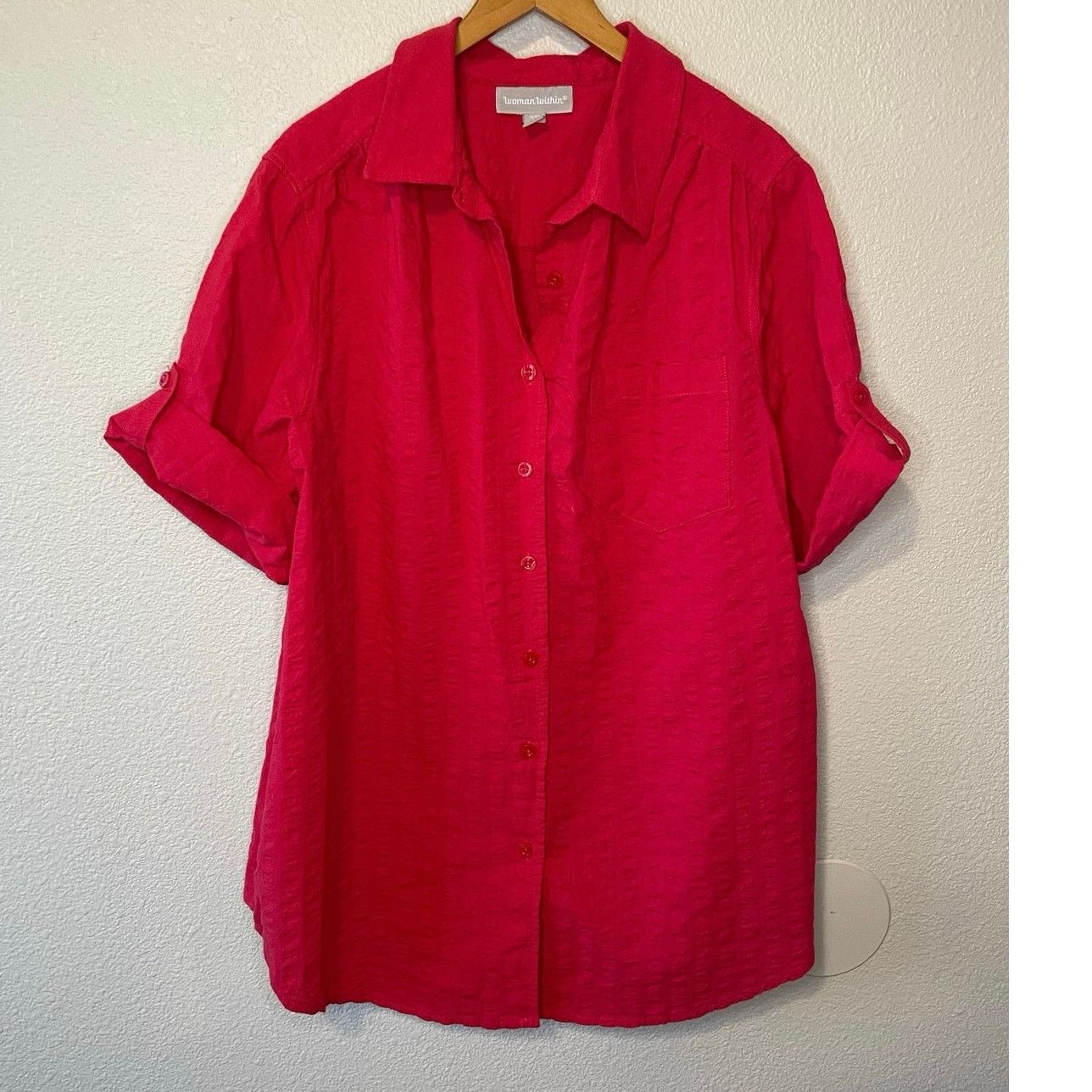 Other Woman Within Cotton Red Textured Roll Tab Button Up Top Lg Size XXL / US 16-18 / IT 52-54 - 11 Thumbnail