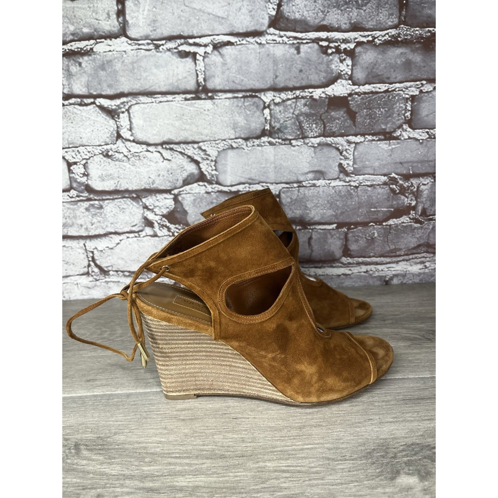 Aquazzura Aquazzura Sexy Thing Camel Ankle Open Toe Lace Up Suede Wedg Size US 7 / IT 37 - 17 Thumbnail