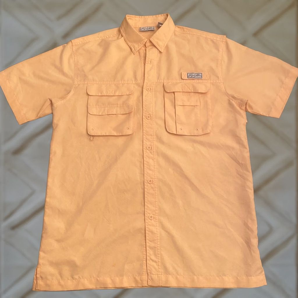 Vintage TROPHY WEAR Casual SS Vented Fishing Shirt Mens Medium Peach Orange Polyester Shirt Men Short Sleeve Button-Up Peach Orange Fish Size US M / EU 48-50 / 2 - 1 Thumbnail