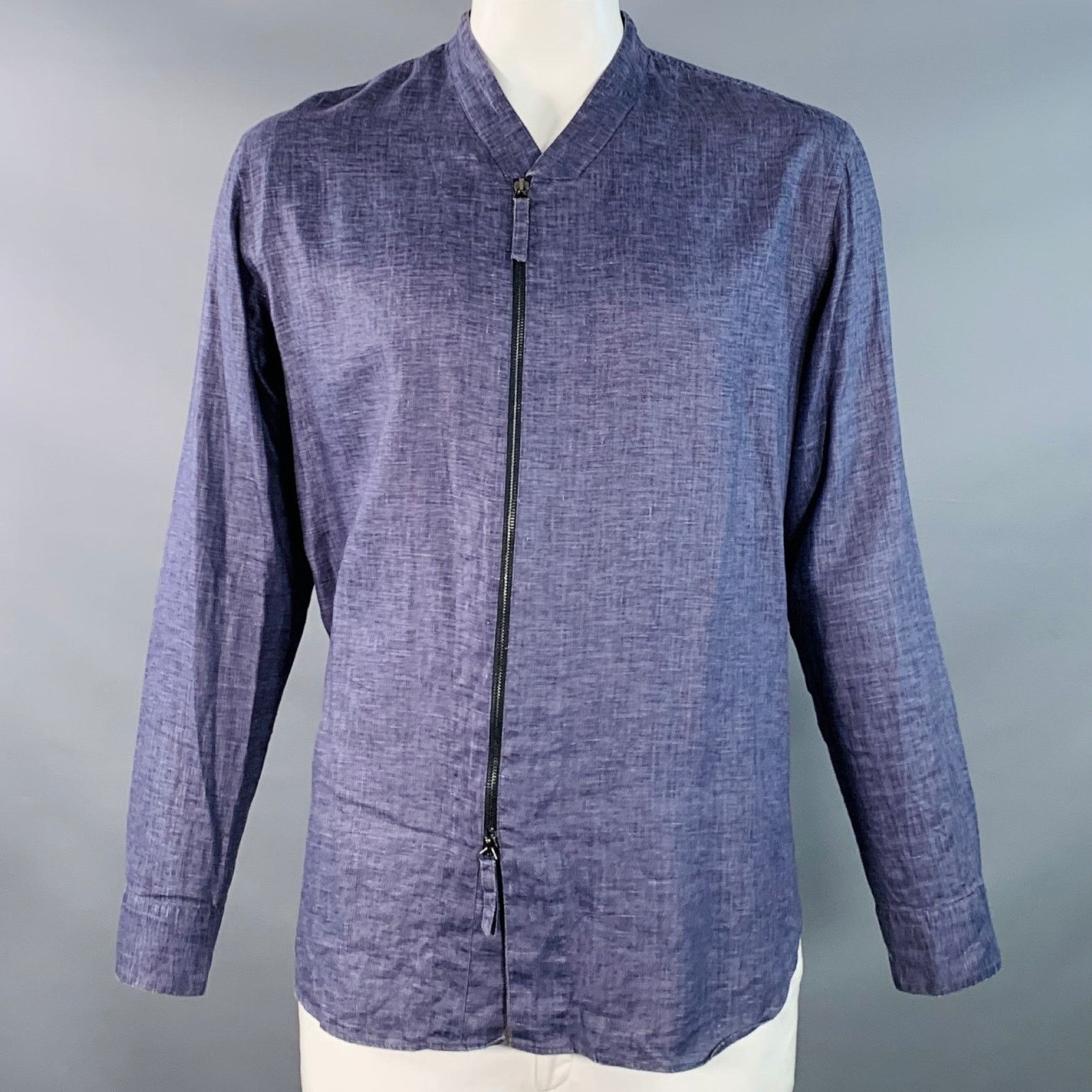 Giorgio Armani Blue Woven Linen Collarless Double Zipper Long Sleeve Shirt Size US L / EU 52-54 / 3 - 1 Thumbnail